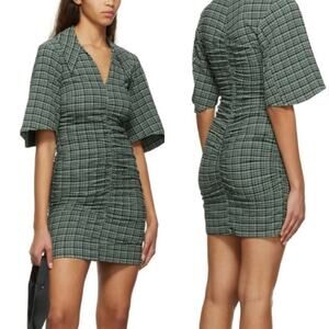 🚨NEW GANNI Ruched Stretch Green Check Seersucker Mini Dress Size 44 XL